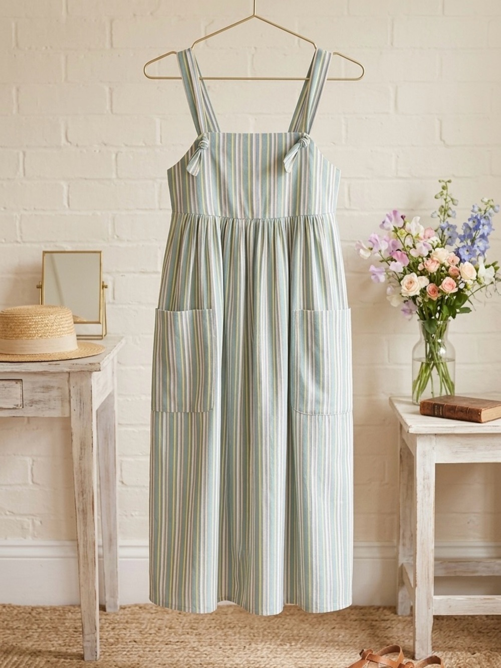Vintage Cottagecore 1980s Laura Ashley Pinafore Pastel Striped Sundress